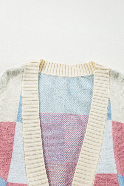 Red Light Checkered Drop Shoulder Exposed Seam Open Front Cardigan