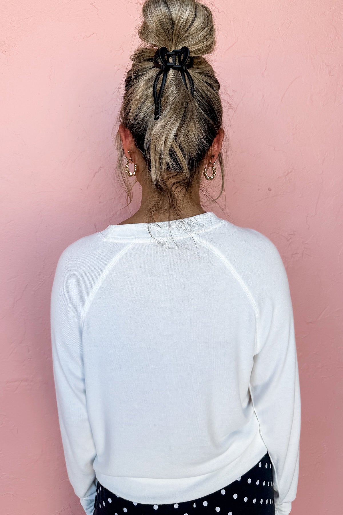 Black cheers graphic raglan pullover and polka dot pants loungewear set, model back view · nz-alt-v1