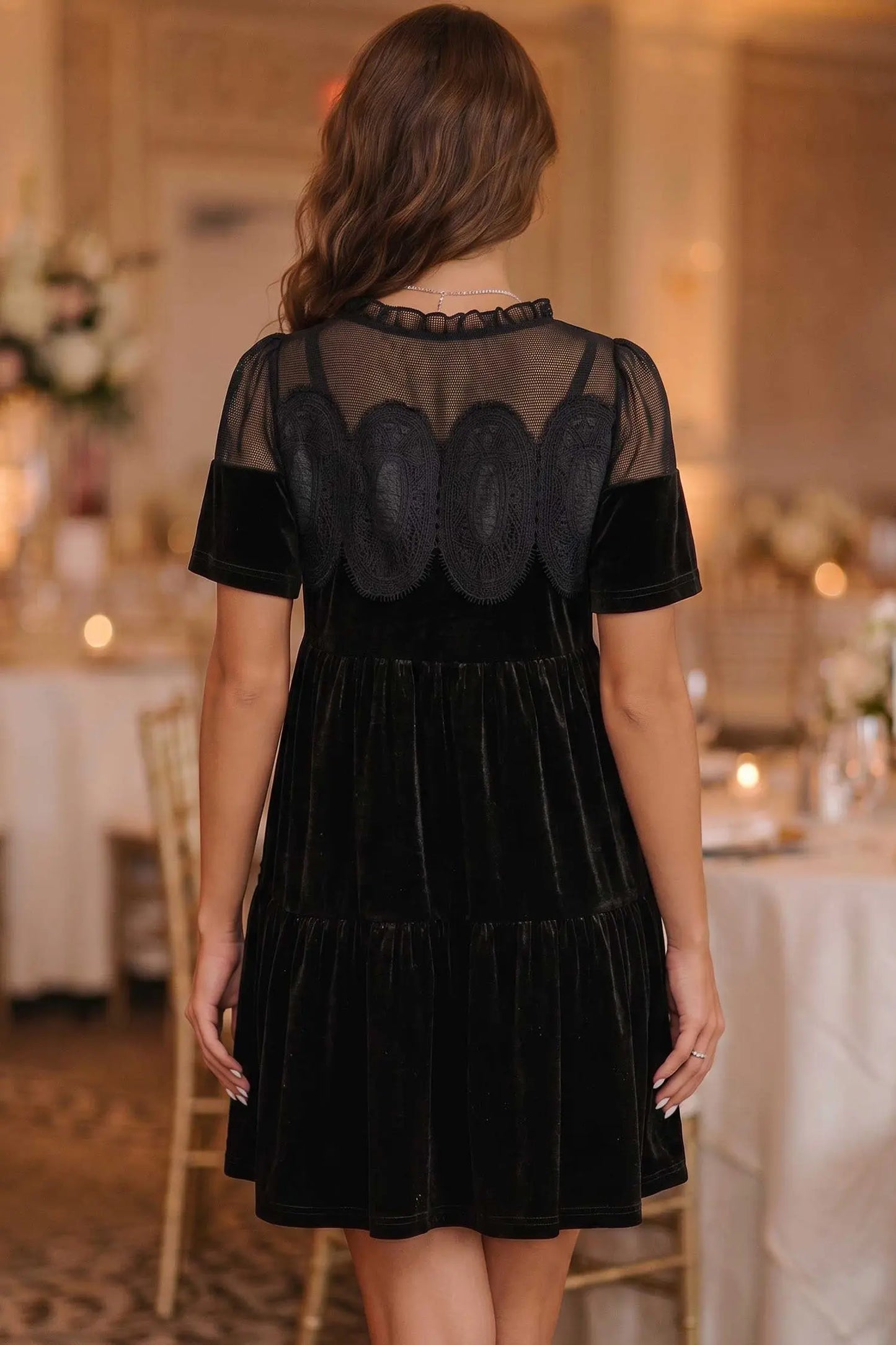 Black Embroidered Velvet Short Sleeve Mini Shift Dress