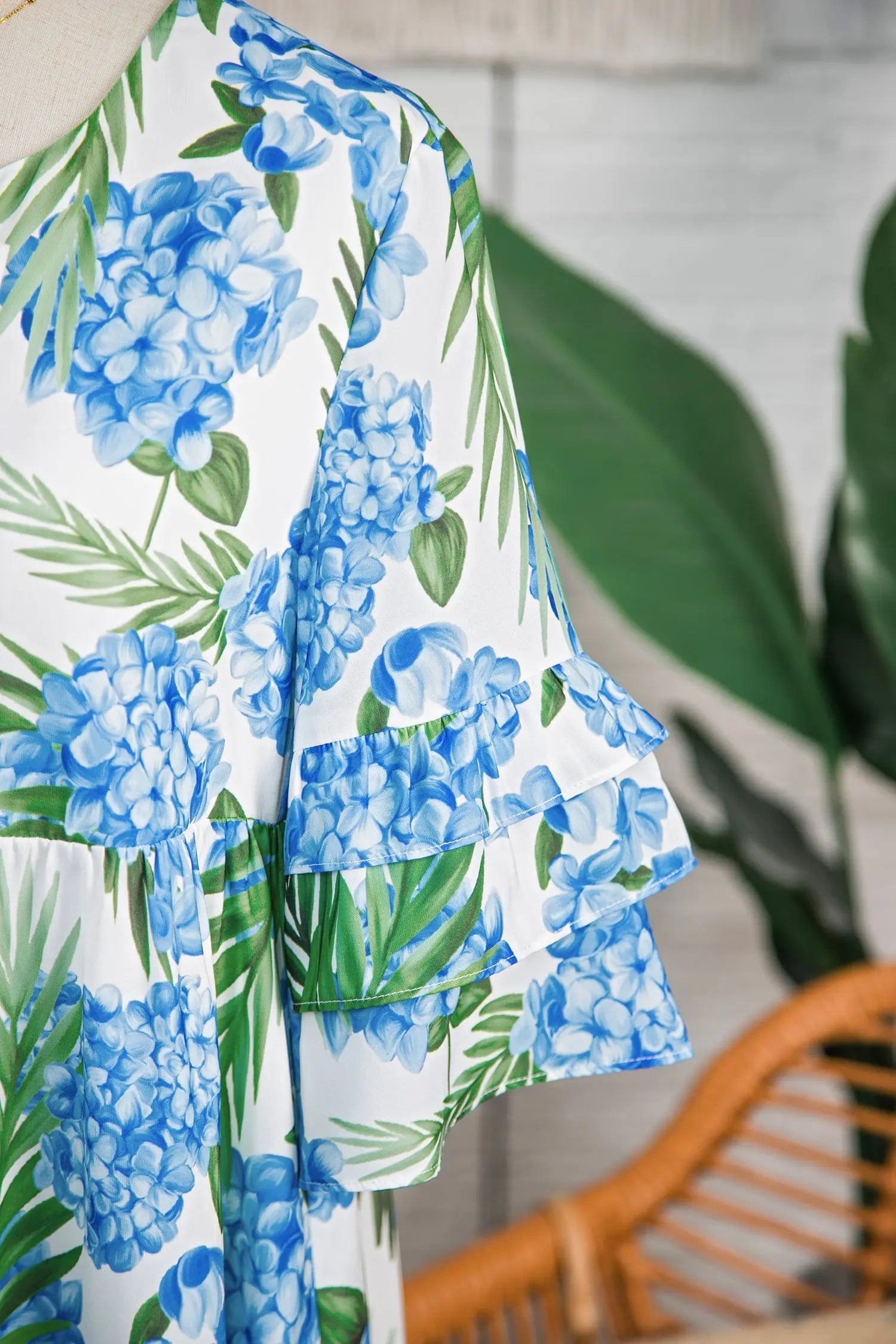 Sky Blue Palm Floral Print Contrast Ribbon Knot Ruffle Tiered Sleeve Mini Dress - Casual Dresses