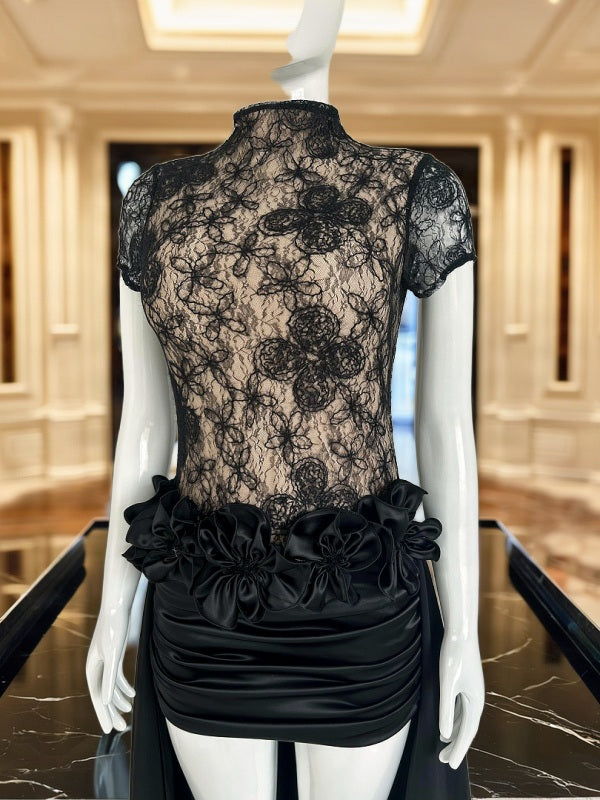 Sheer Lace Bodice High-Low Maxi Dress in Black mannequin view · nz-bg-v1