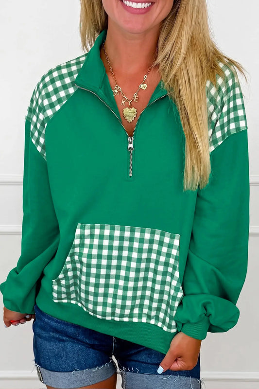 Green patchwork plaid pocket quarter zip sweatshirt model front view · nz-alt-v1