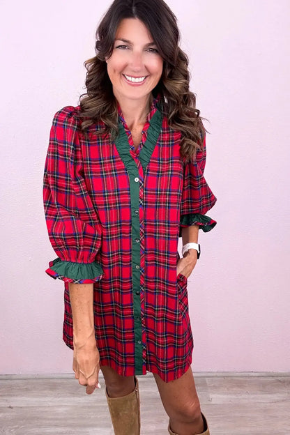 Red Plaid Ruffle Cuff Button Front Pocket Mini Dress