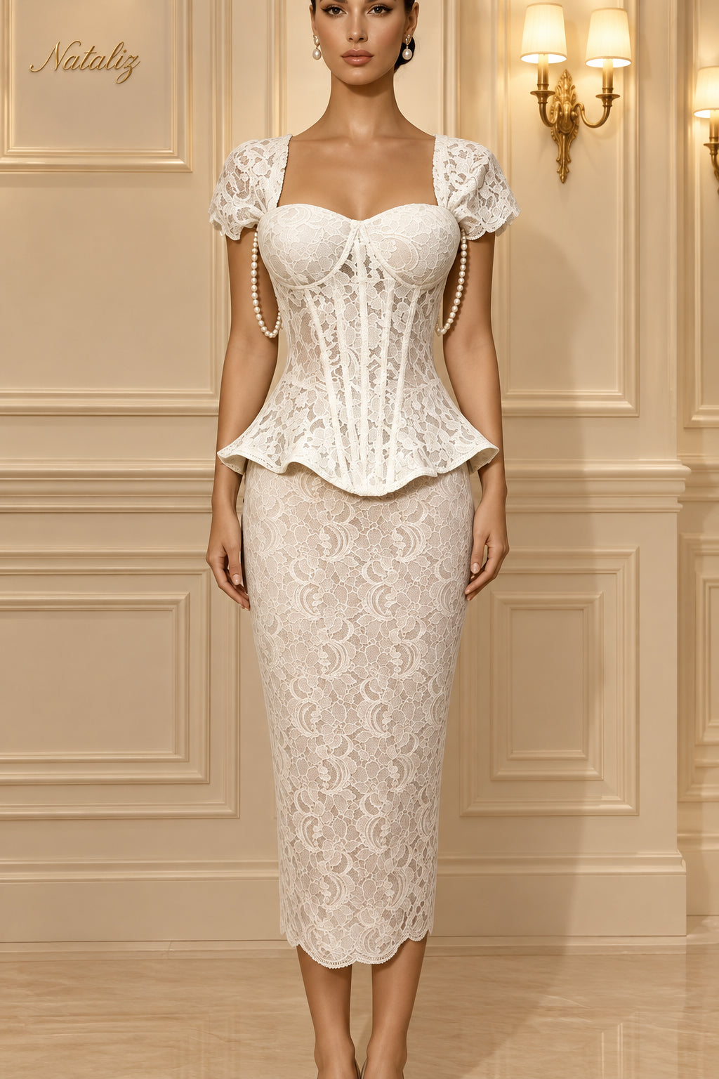 Lace Corset Peplum Top and Midi Skirt Two-Piece Set model front view · nz-alt-v1