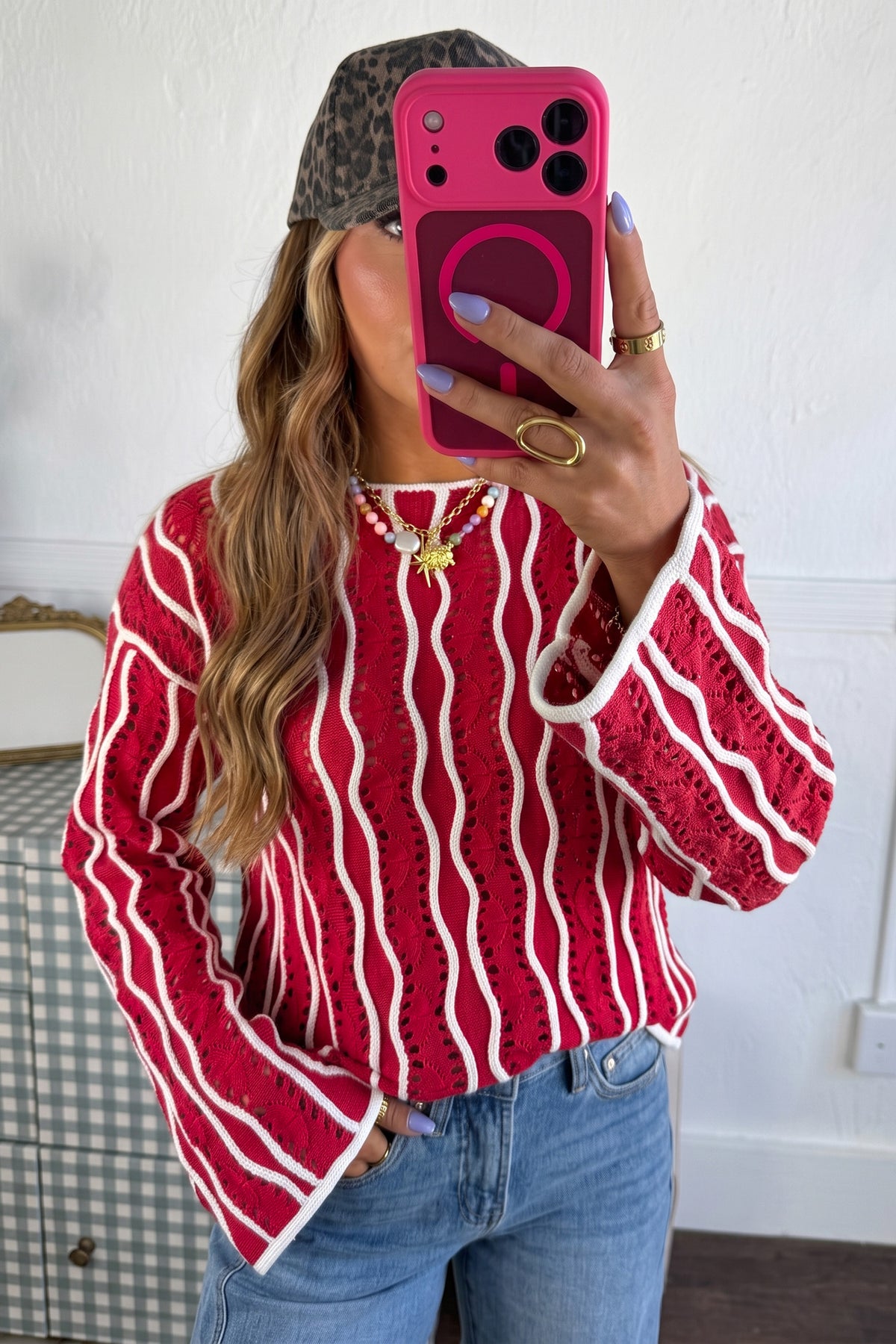 Racing Red Wavy Detail Hollow Out Knit Long Sleeve Cotton Pullover Sweater