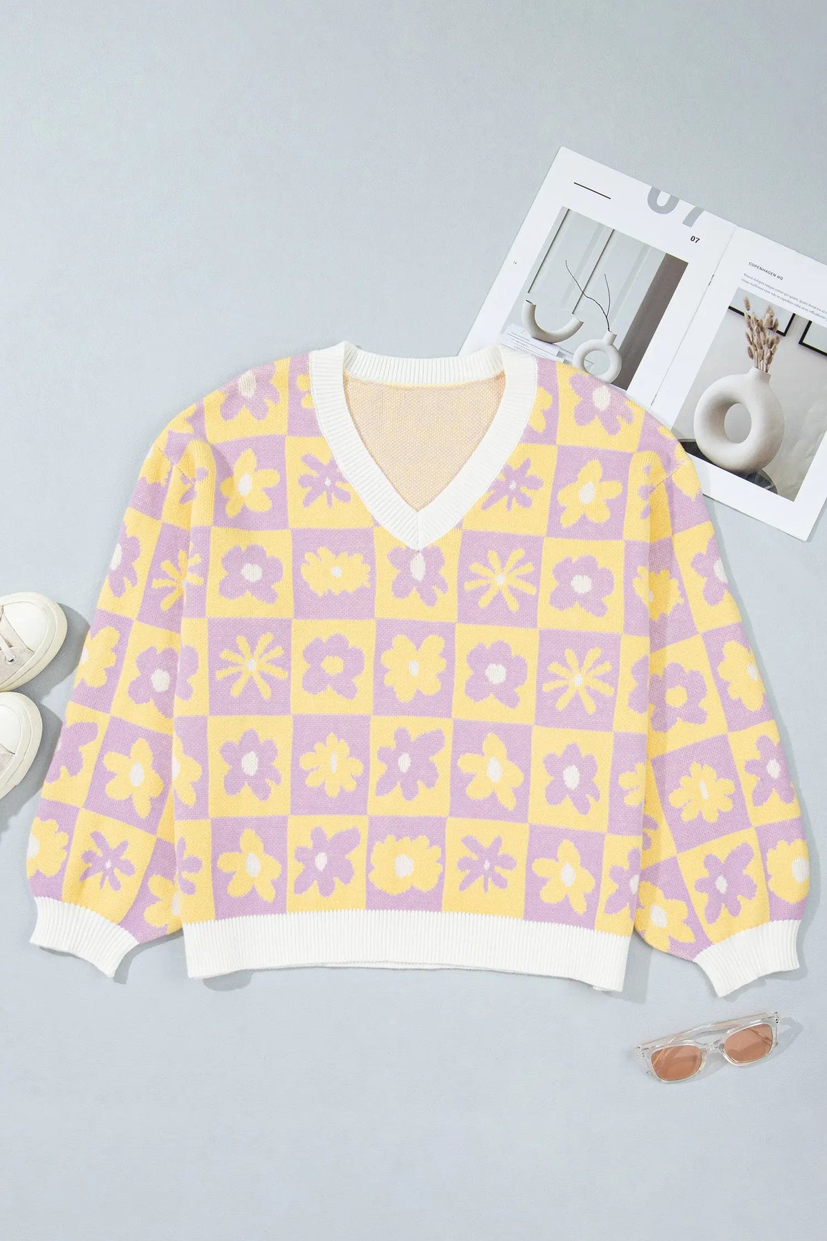 Multicolour V Neck Plaid Floral Long Sleeve Plus Size Sweater