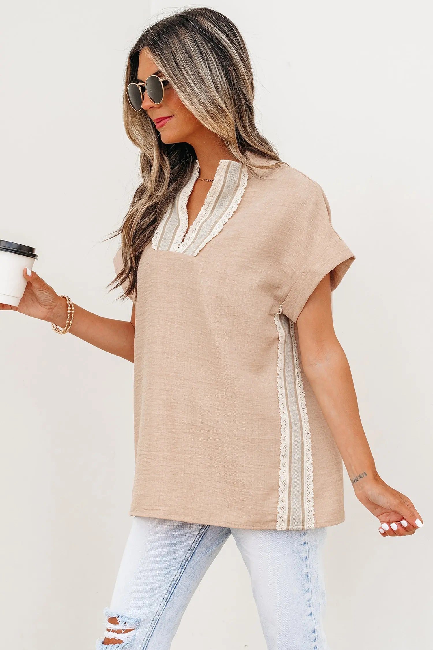 Parchment Crochet Lace Accent Pullover Rolled Short Sleeve Blouse Nataliz