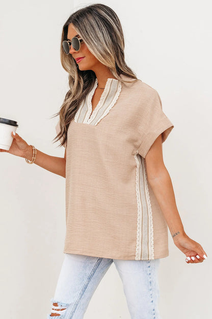 Parchment Crochet Lace Accent Pullover Rolled Short Sleeve Blouse Nataliz