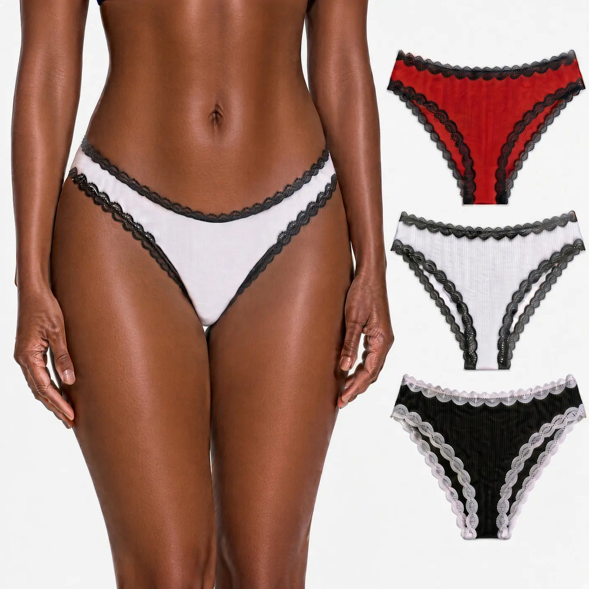 Nataliz cotton cheeky in contrast hero image, model hip shot and flat lay of red/black, white/black, and black/white contrast colorways