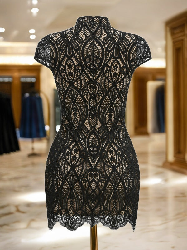 Lace Keyhole Mini Dress in Black flat lay view · nz-bg-v1