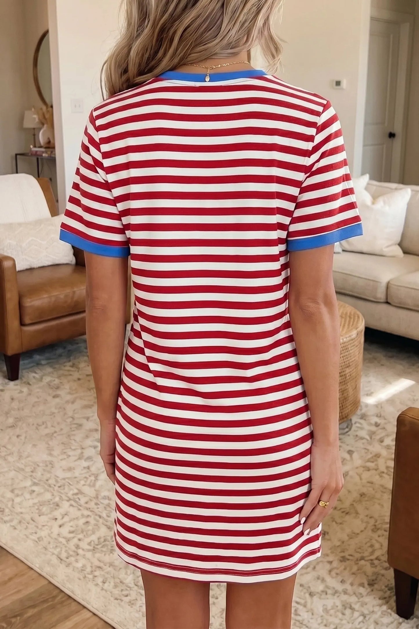 Sky Blue Stripe Nautical Tie Contrast Trim Round Neck T Shirt Mini Dress Nataliz
