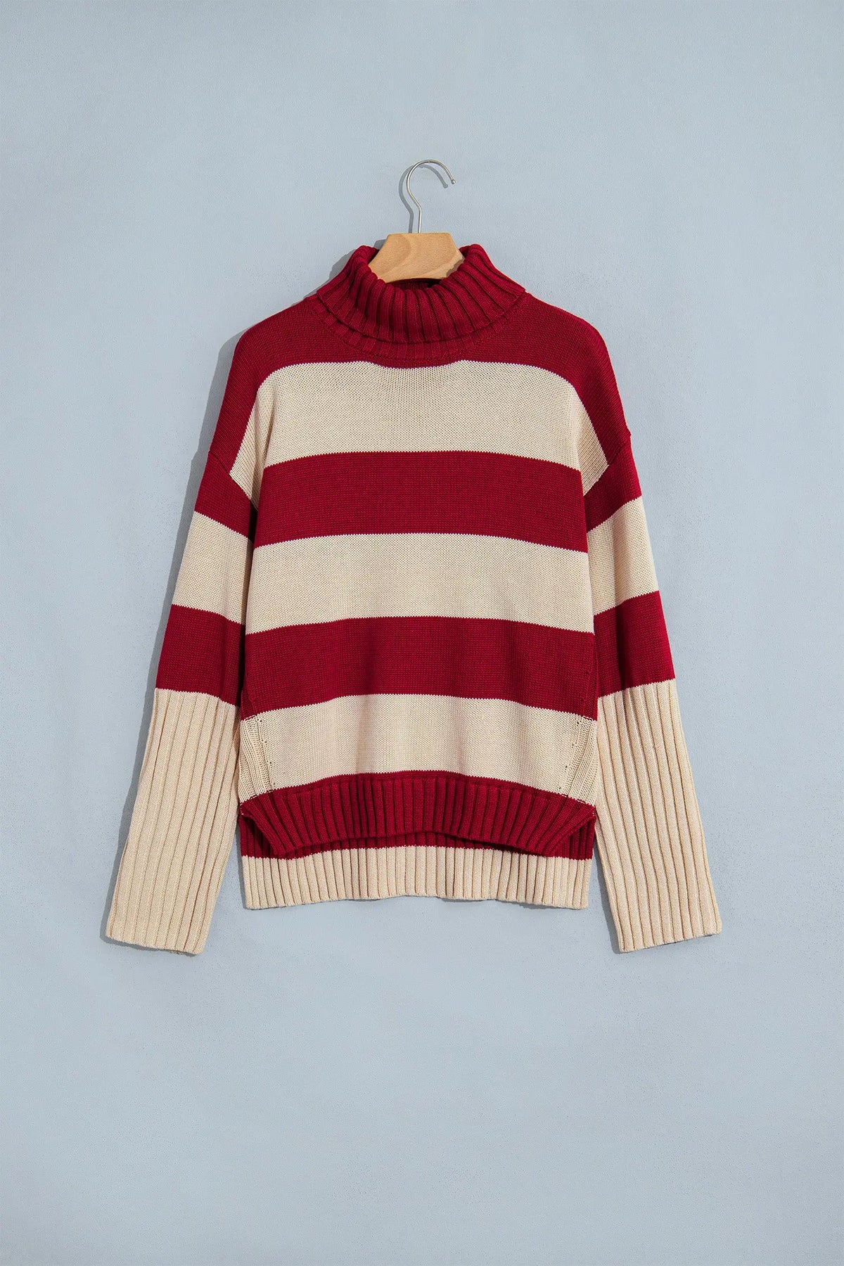 Red Stripe Ribbed Trim High Neck Relaxed Pullover Sweater
