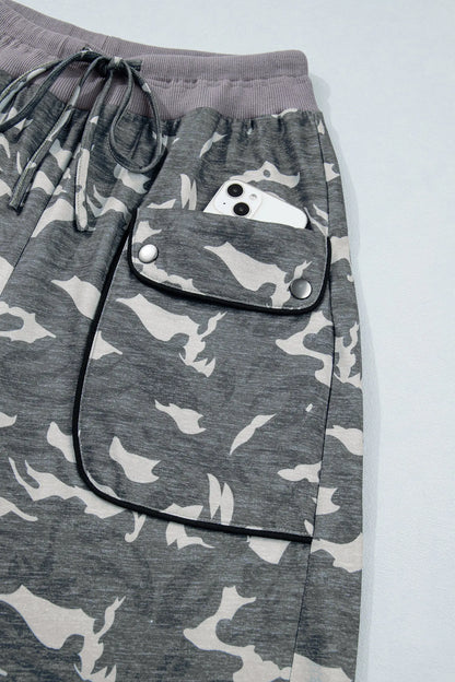 Multicolour Drawstring Contrast Waistband Camouflage Cargo Barrel Pants