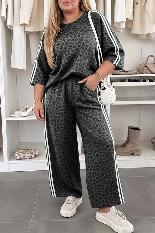 Gray leopard print bracelet sleeve top plus size loose pants set model front view · nz-alt-v1