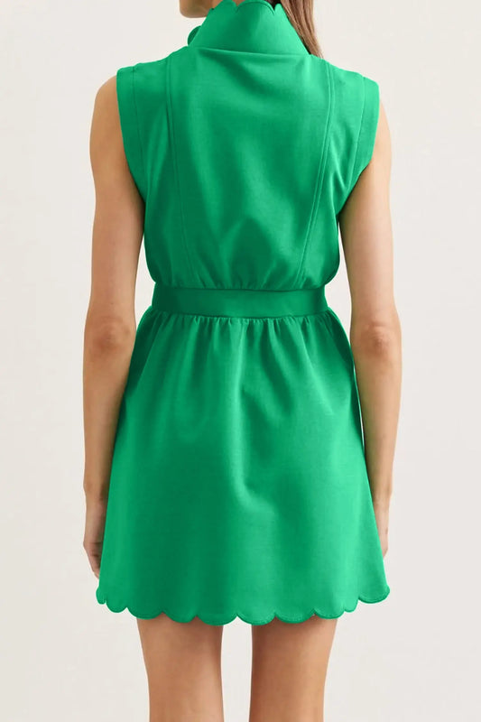 Bright Green Sleeveless Zip Front Scallop Hem Mini Dress model back view · nz-alt-v1