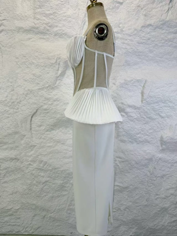 Pleated Corset Peplum Midi Dress with Sheer Panel side view · nz-alt-v1