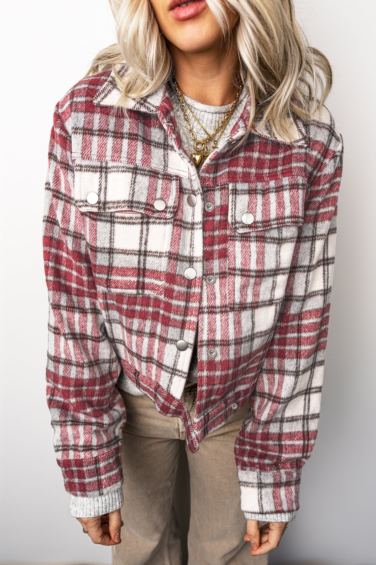 Red Plaid Flannel Metal Button Collar Long Sleeve Vintage Shift Jacket