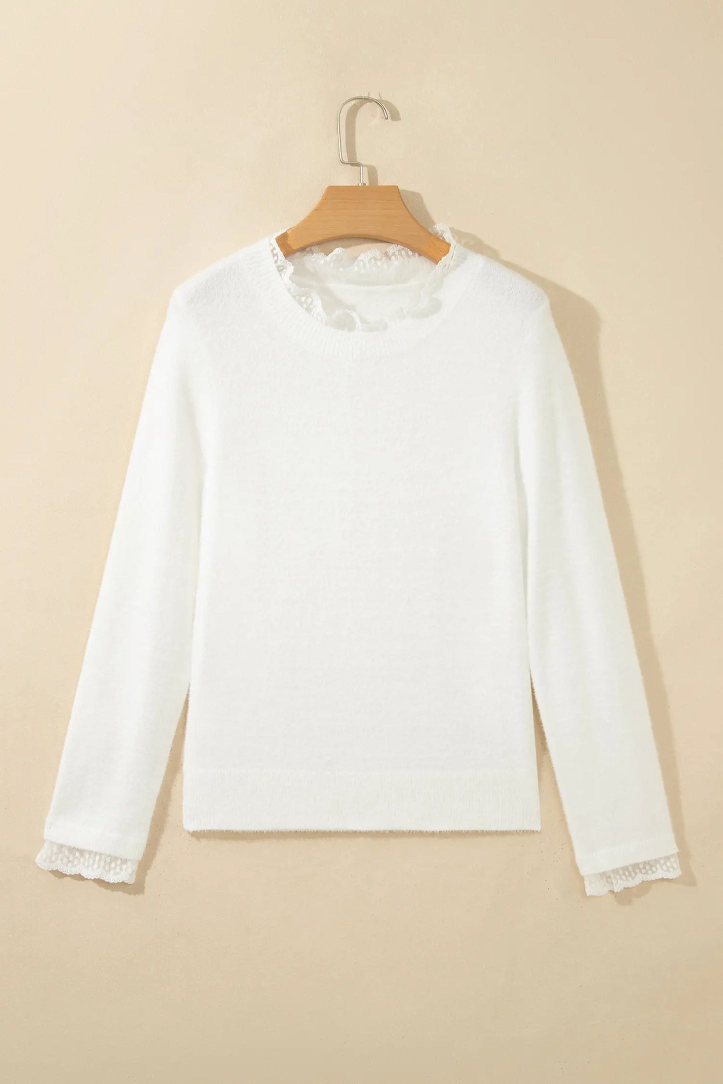 White Lace Trim Neck Cuff Patchwork Long Sleeve Pullover Sweater
