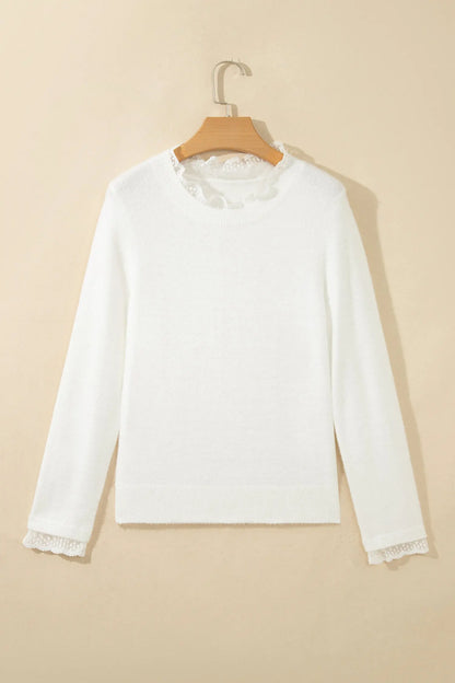 White Lace Trim Neck Cuff Patchwork Long Sleeve Pullover Sweater