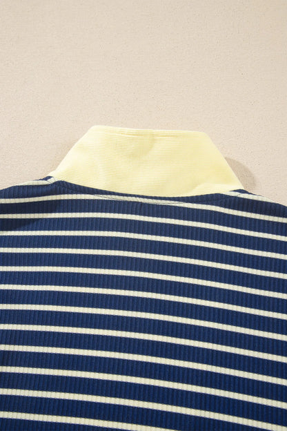 Blue Stripe Color Block Patchwork Zip V Neck Pullover Loose Pants 2pcs Set