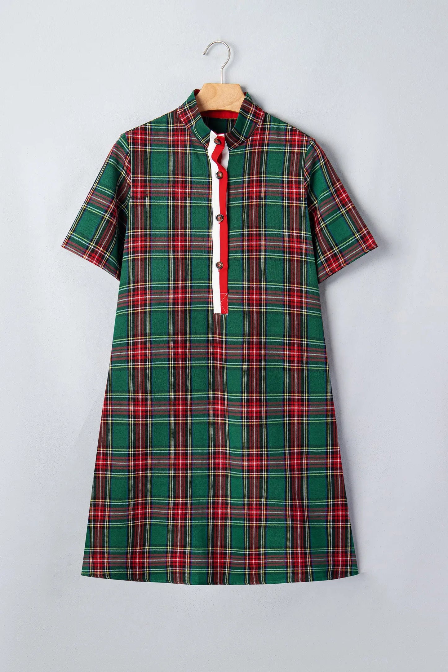 Green Plaid Button Front Short Sleeve Shift Dress