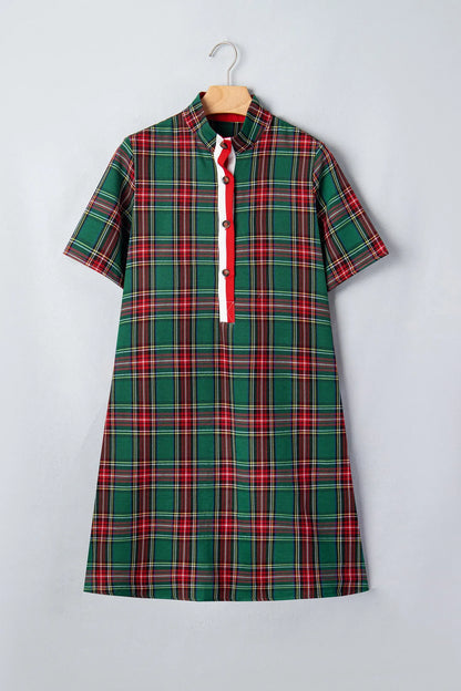 Green Plaid Button Front Short Sleeve Shift Dress