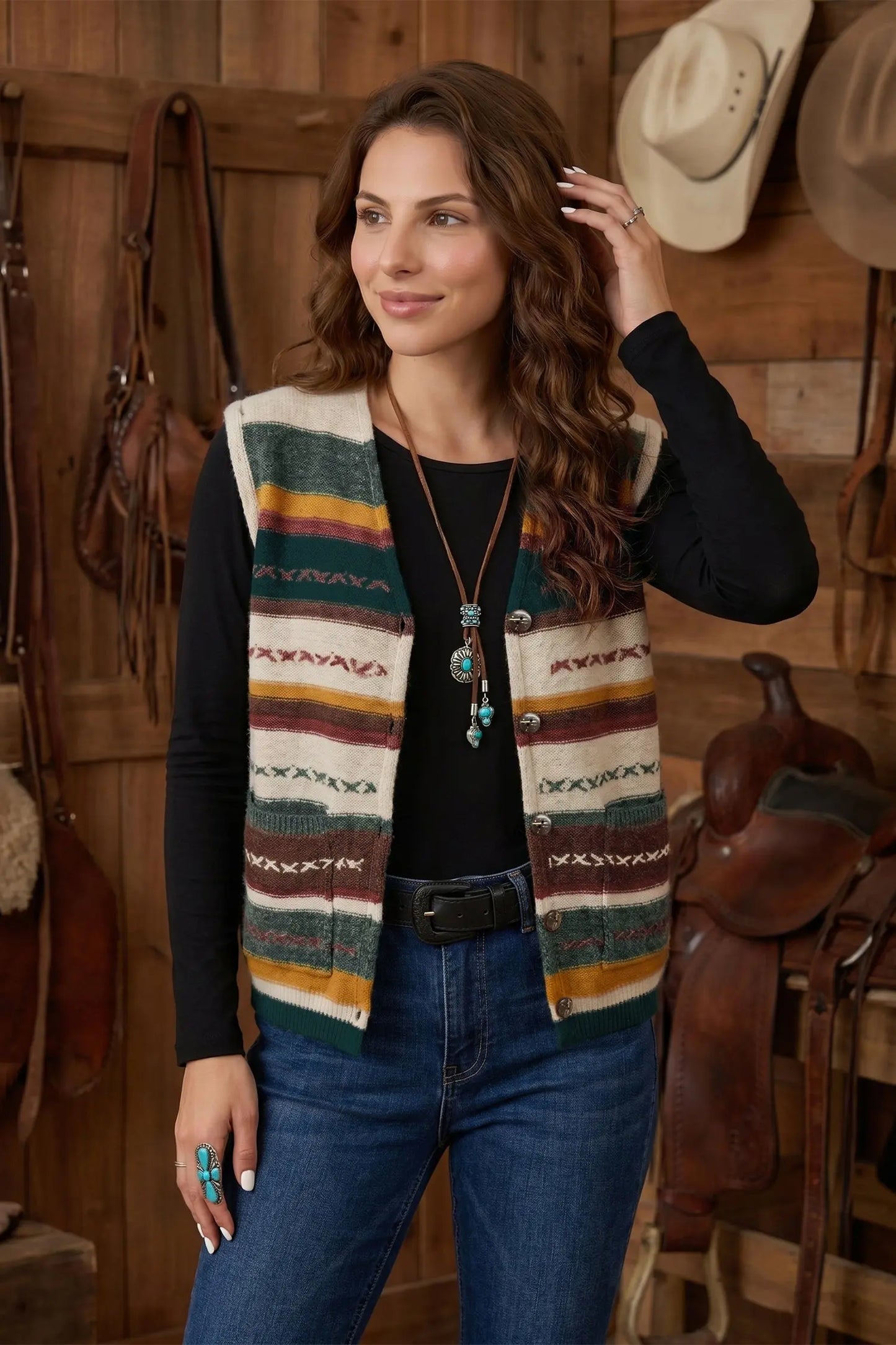 Multicolour Striped Button Front Sleeveless Knit Regular Fit Sweater Vest