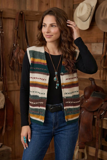 Multicolour Striped Button Front Sleeveless Knit Regular Fit Sweater Vest