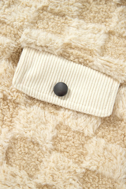 Khaki Plush Checkered Corduroy Trim Metal Button Long Sleeve Shift Silhouette Shacket