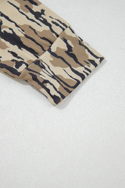 Brown Camouflage Zipper Collar Front Pocket Pullover Sweatshirt