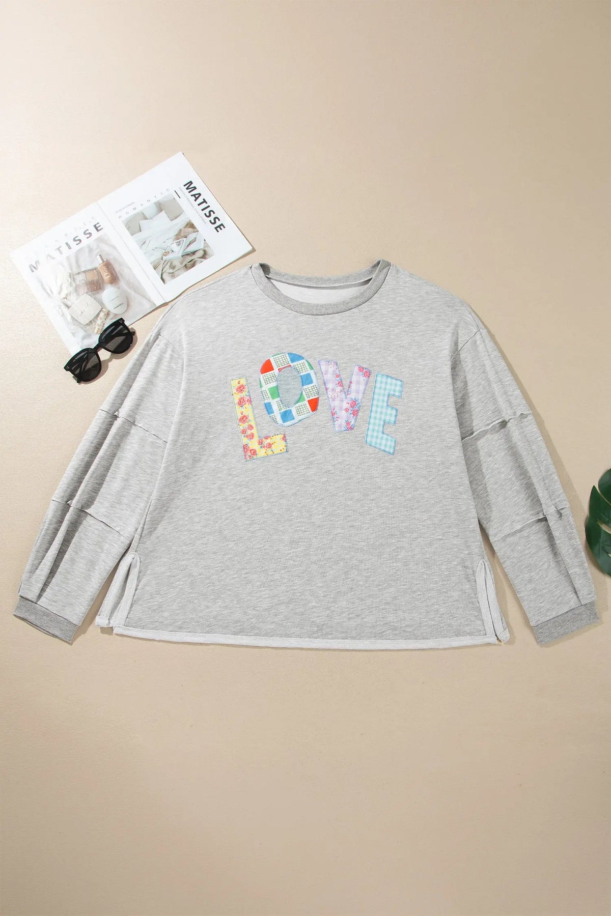 Light Grey Long Sleeve Patch Embroidery Tunic Plus Size Blouse flat lay view · nz-alt-v1