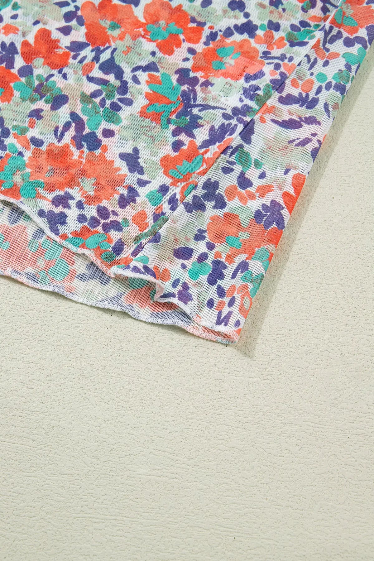 Red Floral Print Slim Fit Mesh Long Sleeve Mock Neck Top detail view · nz-alt-v1