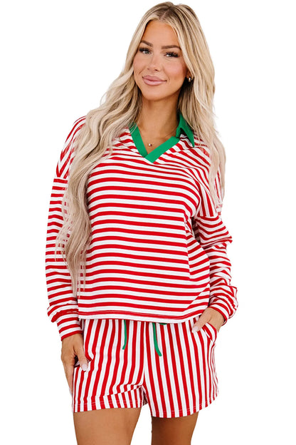 Red Stripe Colorblock Trim Polo Collar Drawstring Elastic Waist Band Casual 2pcs Outfit