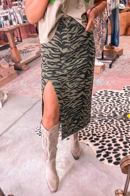 Brown Leopard Print Side Split Frayed Hem Denim Midi Skirt