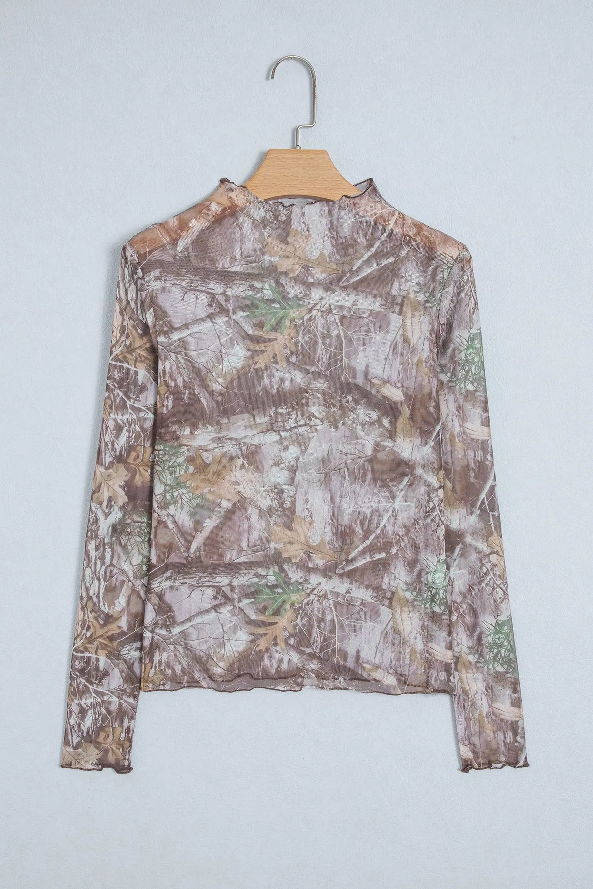 Beige Floral Print Slim Fit Mesh Long Sleeve Mock Neck Top