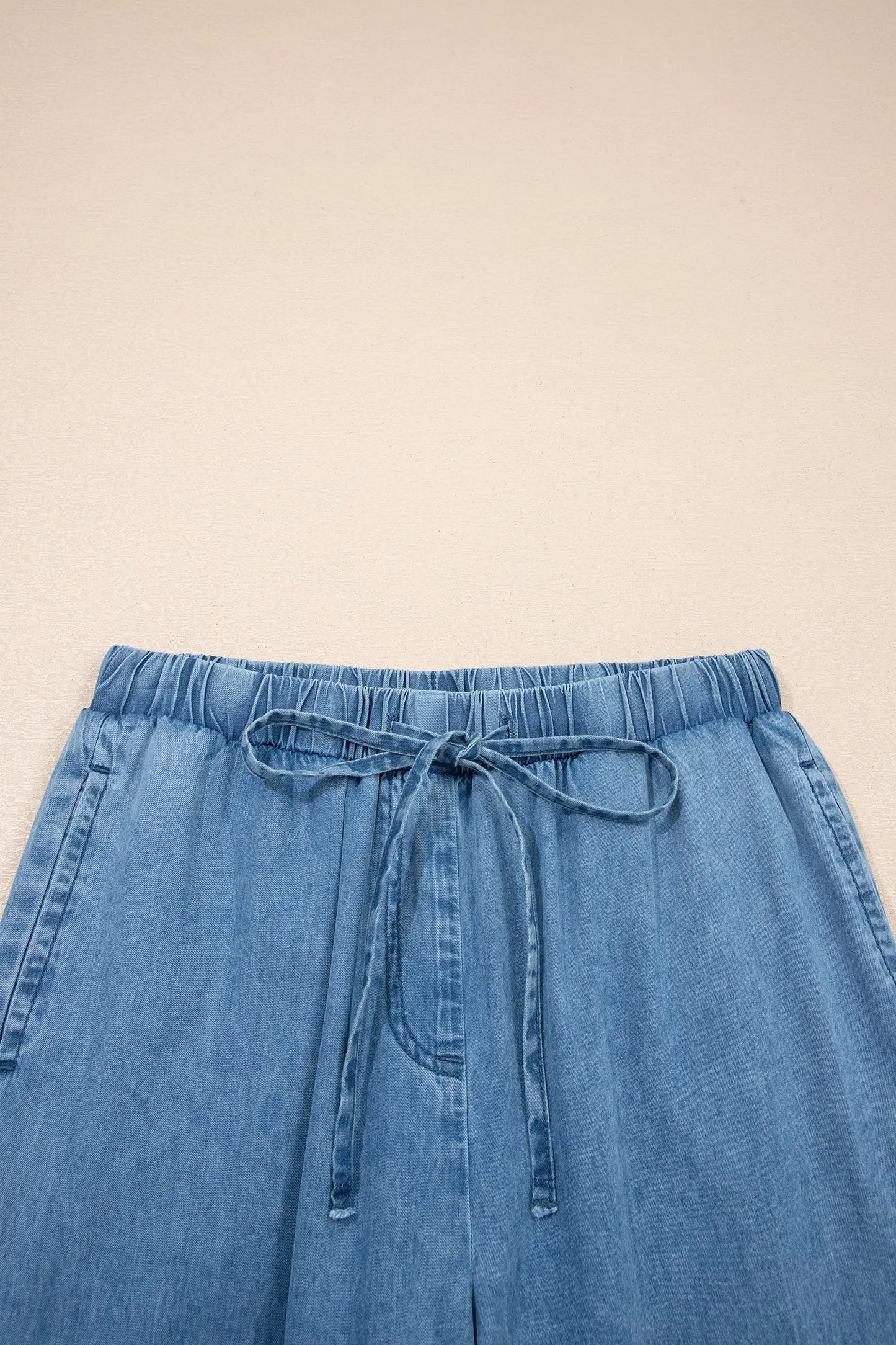 Beau Blue Ruffled Hem Wide Leg Chambray Pants