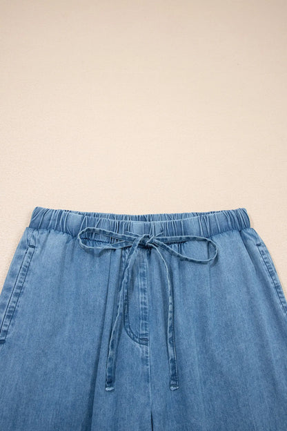 Beau Blue Ruffled Hem Wide Leg Chambray Pants