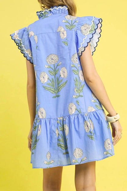 Sky Blue Wild Floral Print Scalloped Embroidery Trim V Neck Drop Waist Mini Dress - Casual Dresses