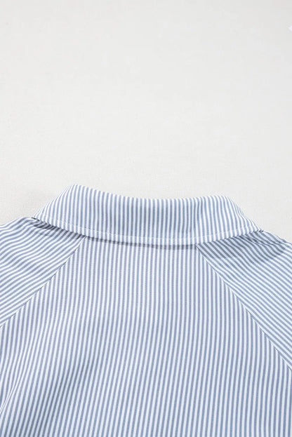 Gray Pinstripe Long Sleeve Smocked Cuffs Button Shirt Collar Blouse