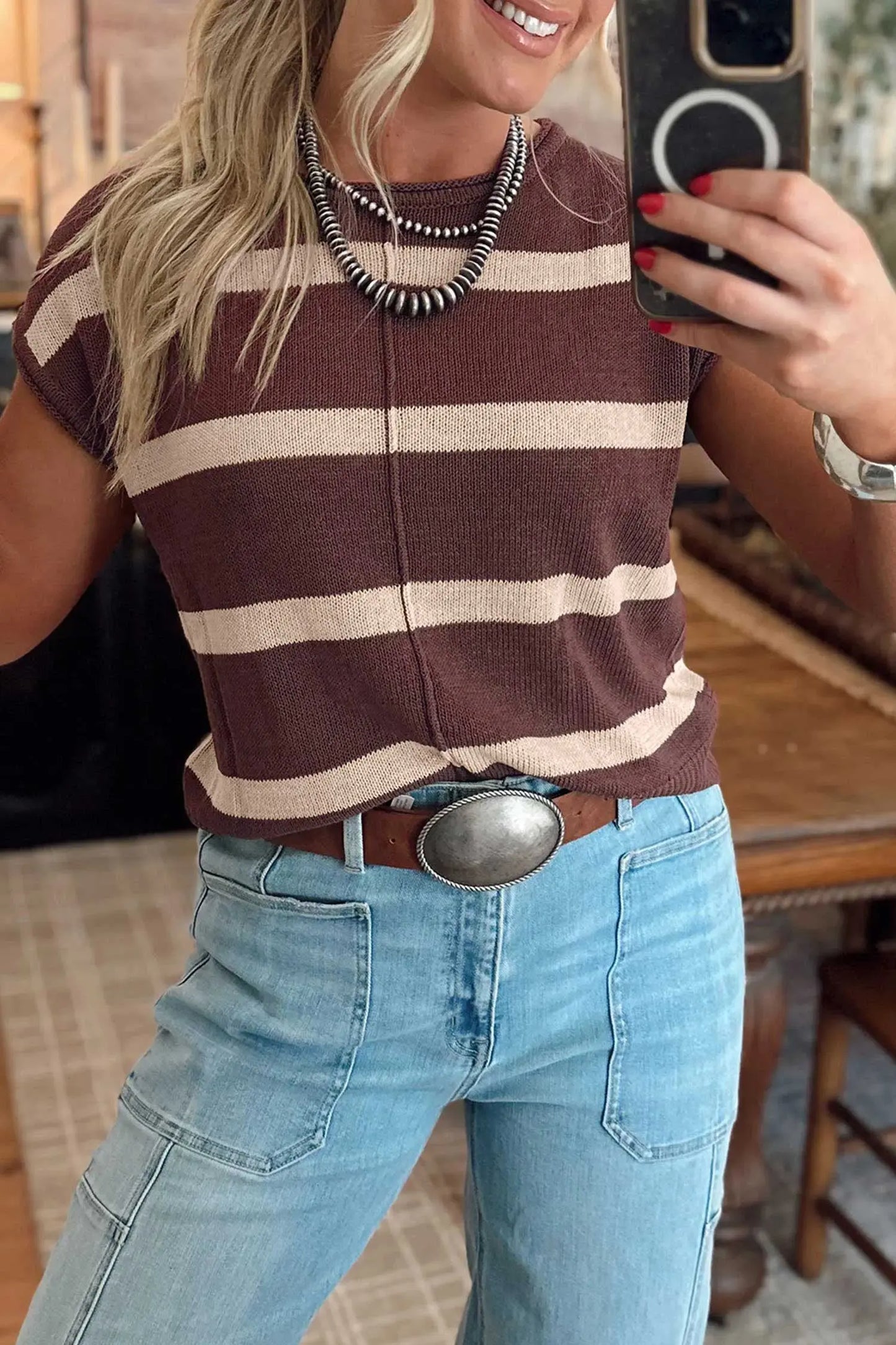 Rose Stripe Knit Western Short Sleeve Sweater