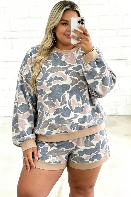 Multicolour Camouflage Print Round Neck Drop Shoulder Pullover Plus Size Shorts Set model front view · nz-alt-v1
