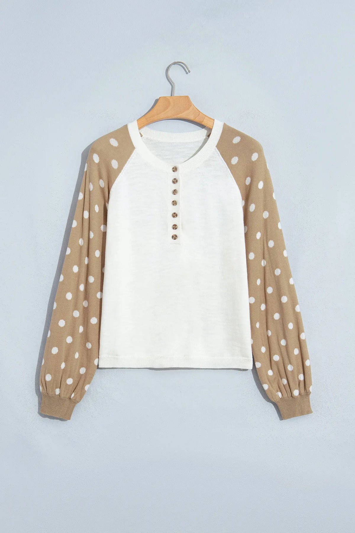Khaki Polka Dot Contrast Long Sleeve Button V Neck Sweater