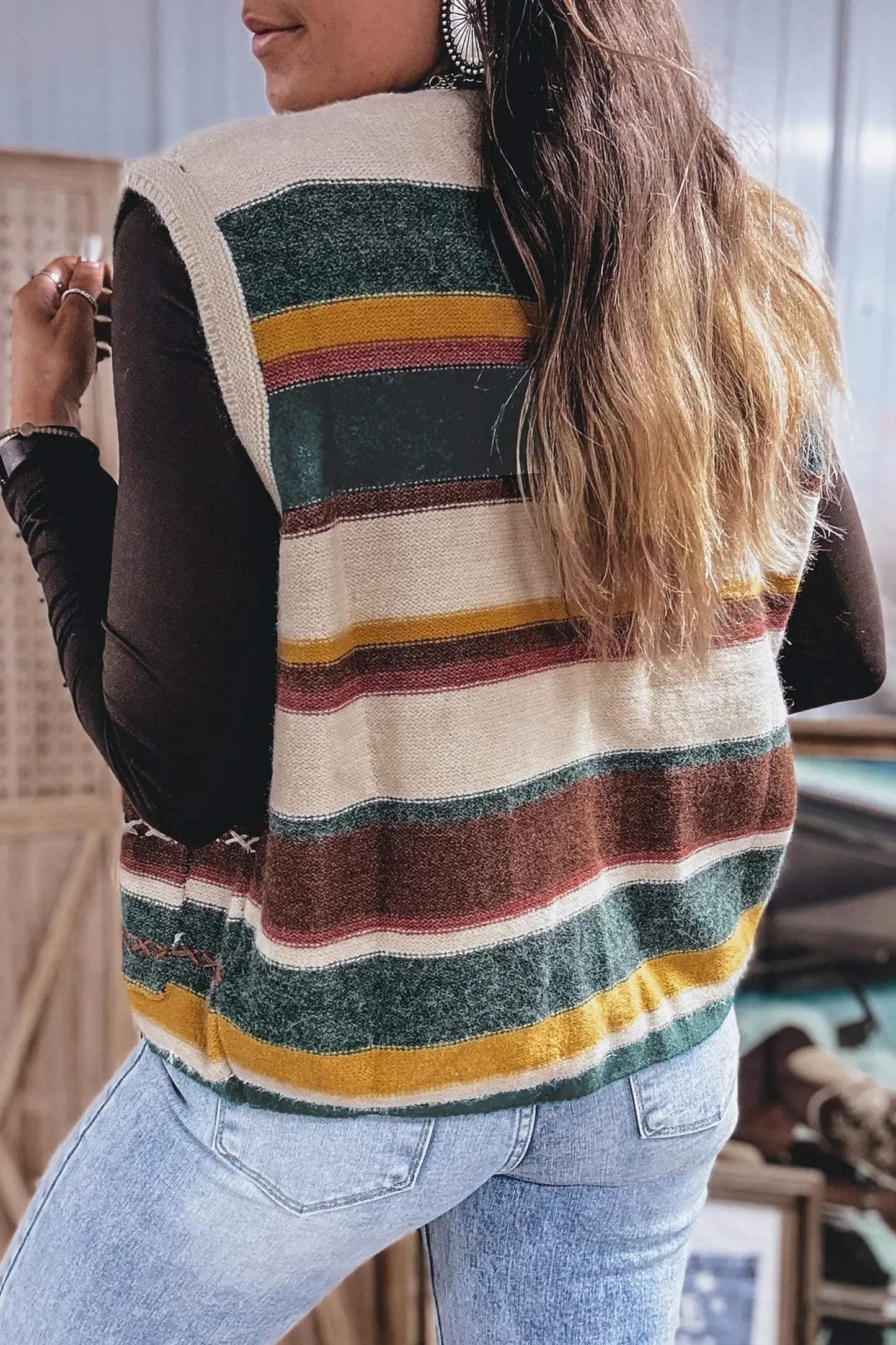 Multicolour Striped Button Front Sleeveless Knit Regular Fit Sweater Vest