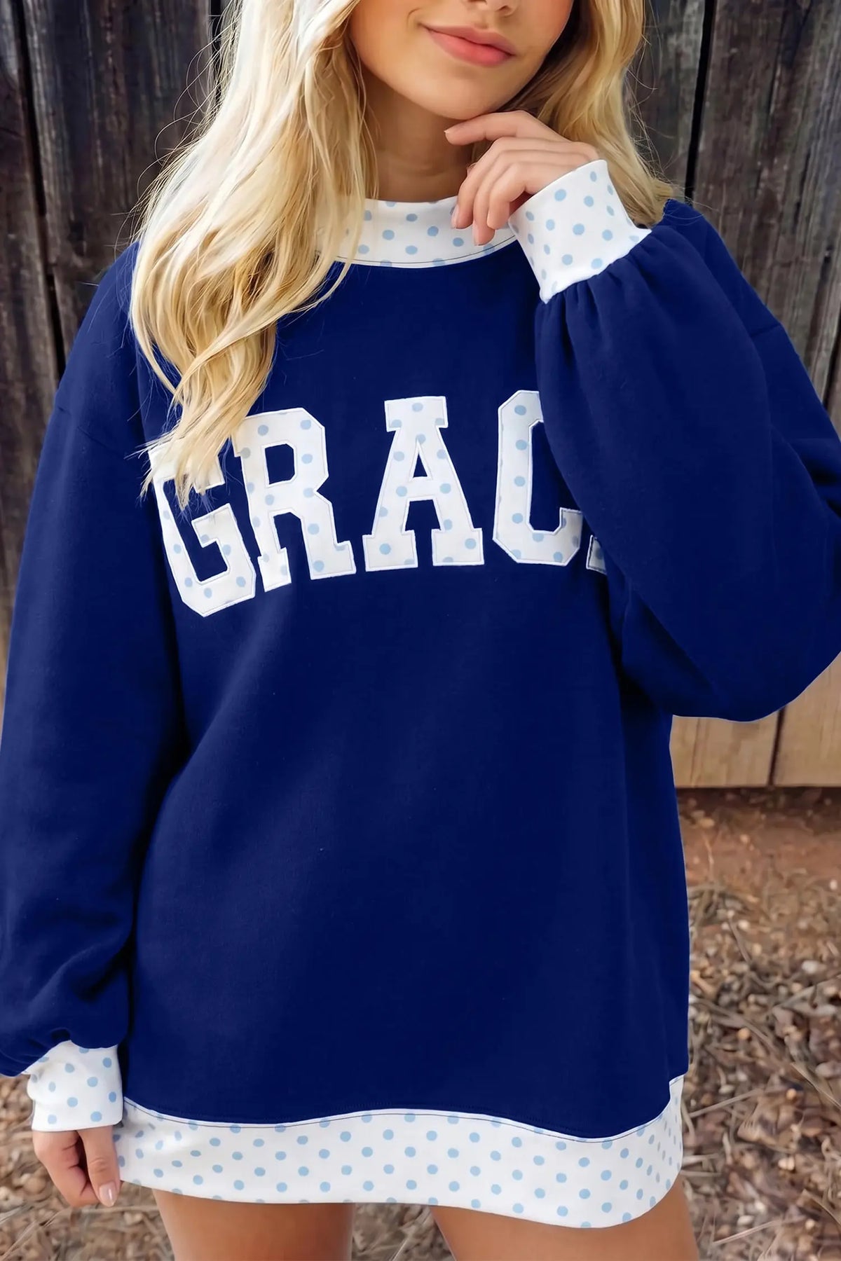 Polka Dot Trim High Neck GRACE Letter Graphic Baggy Sweatshirt