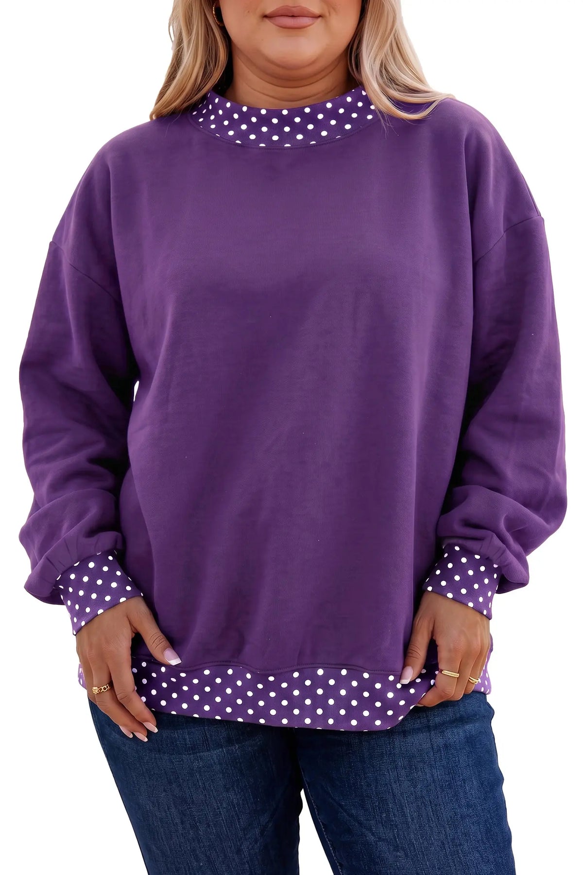 Tillandsia purple polka dot patchwork round neck plus size sweatshirt model front view · nz-alt-v1