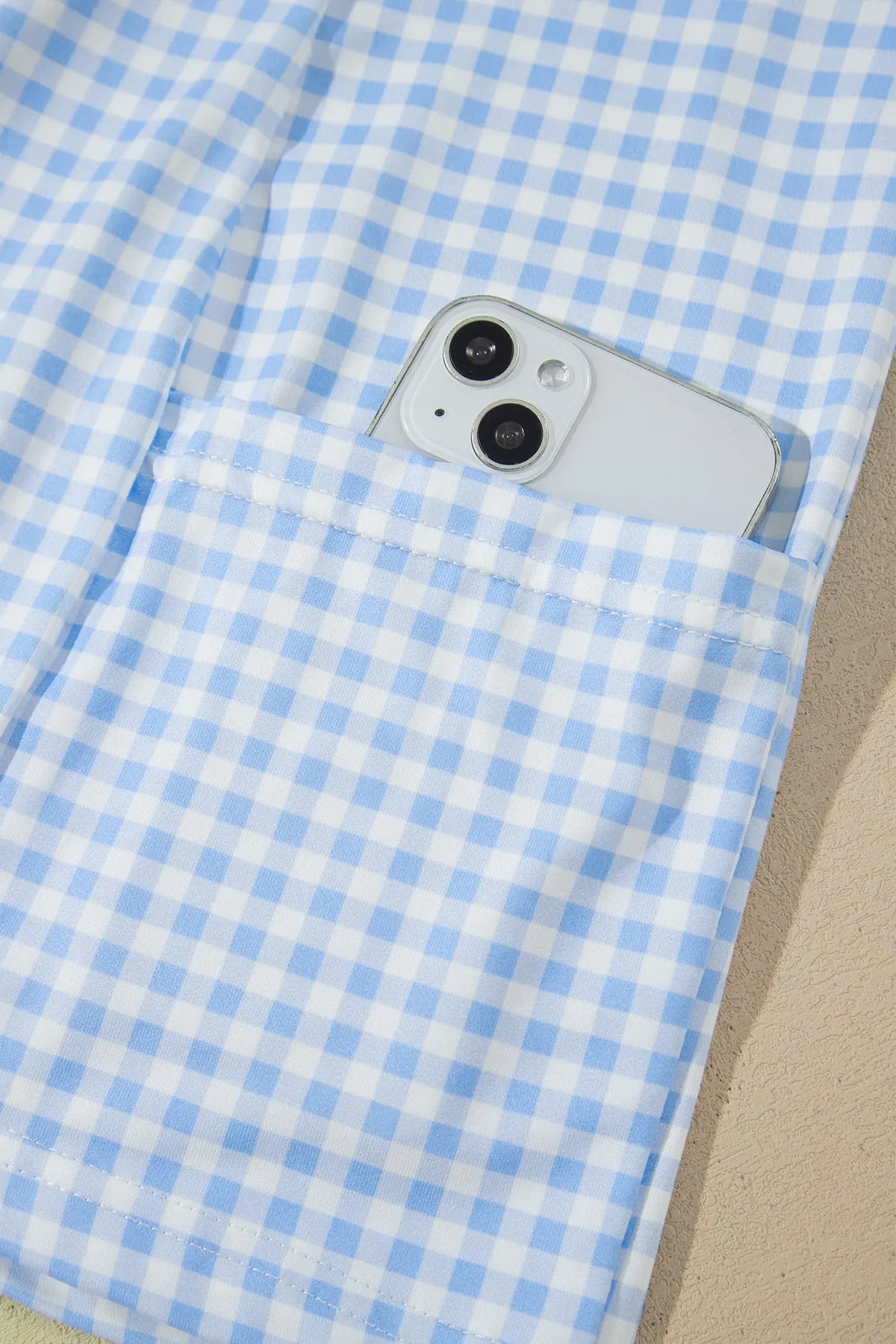 Beau Blue Faux Two Piece Gingham Contrast Patchwork Loose Mini Dress pocket detail view · nz-alt-v1