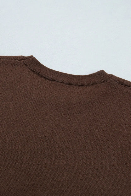 Brown Western Print Short Sleeve Knit Casual Sweater