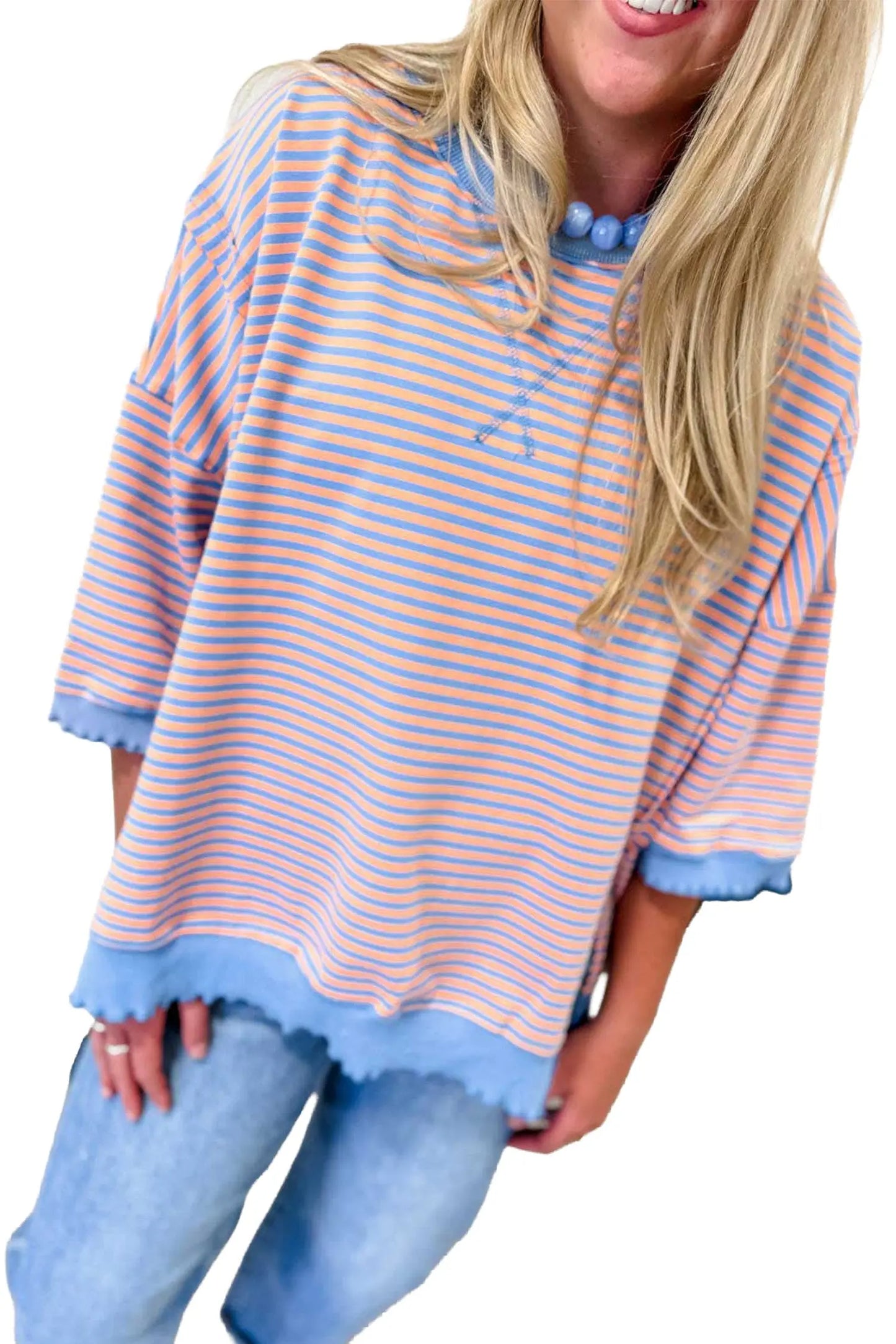 Sky Blue Stripe Colorblock Scalloped Trim Loose 3/4 Sleeve Top