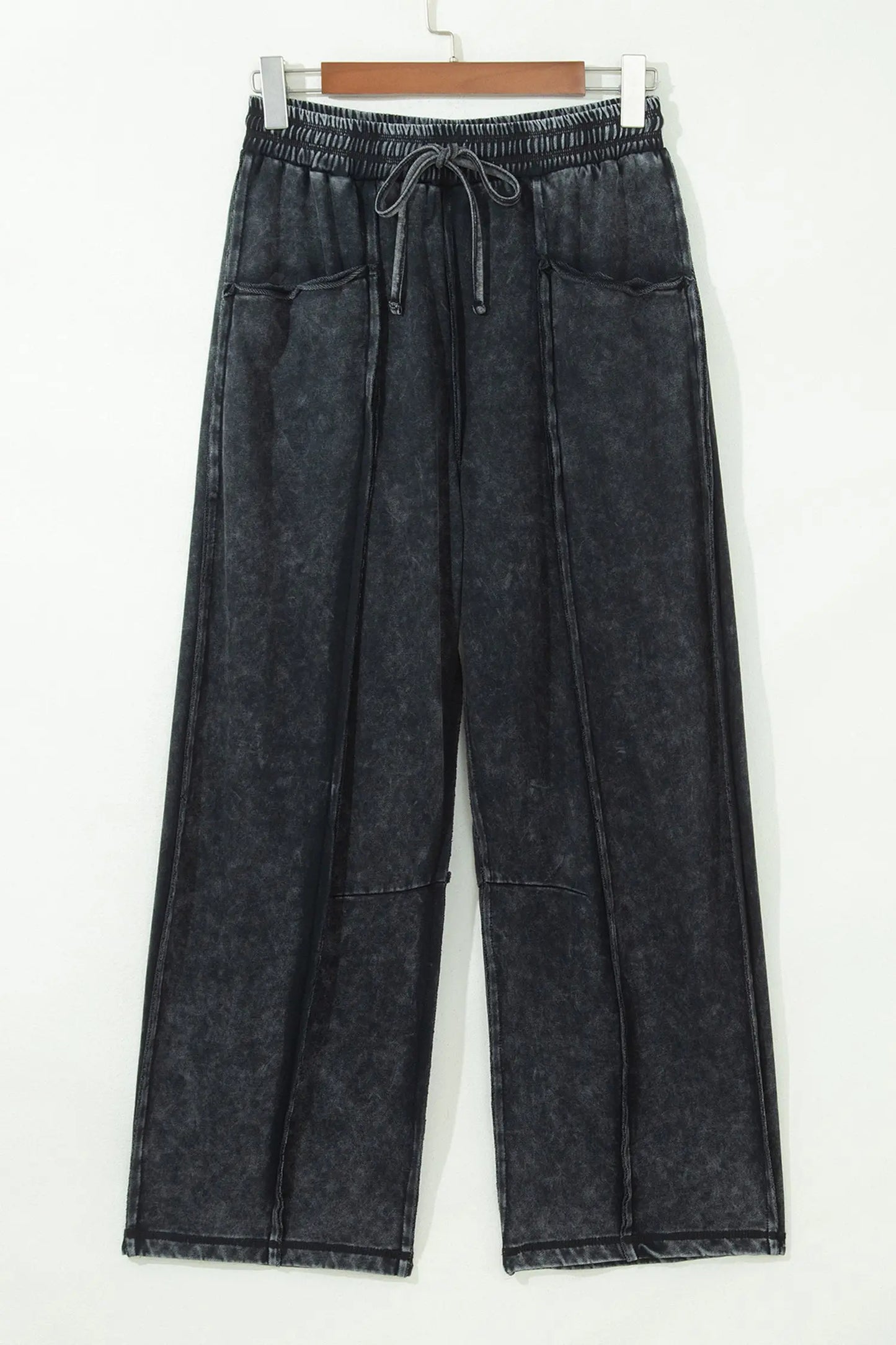 Black Mineral Wash Raw Seam Drawstring Elastic Waist Barrel Pants