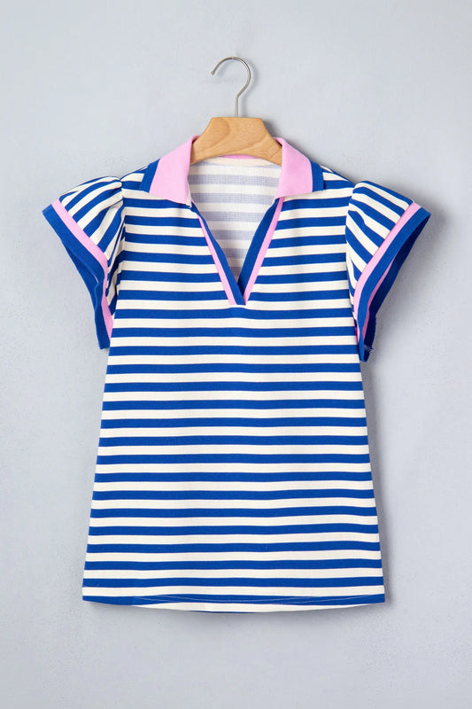 Blue Stripe Contrast Trim Polo Collar Ruffled Short Sleeve Blouse Nataliz
